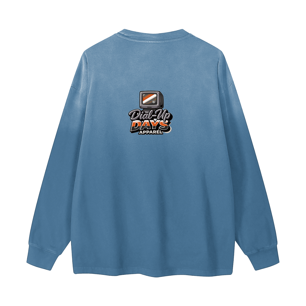 Blue long-sleeve shirt with a logo on the back against a white background