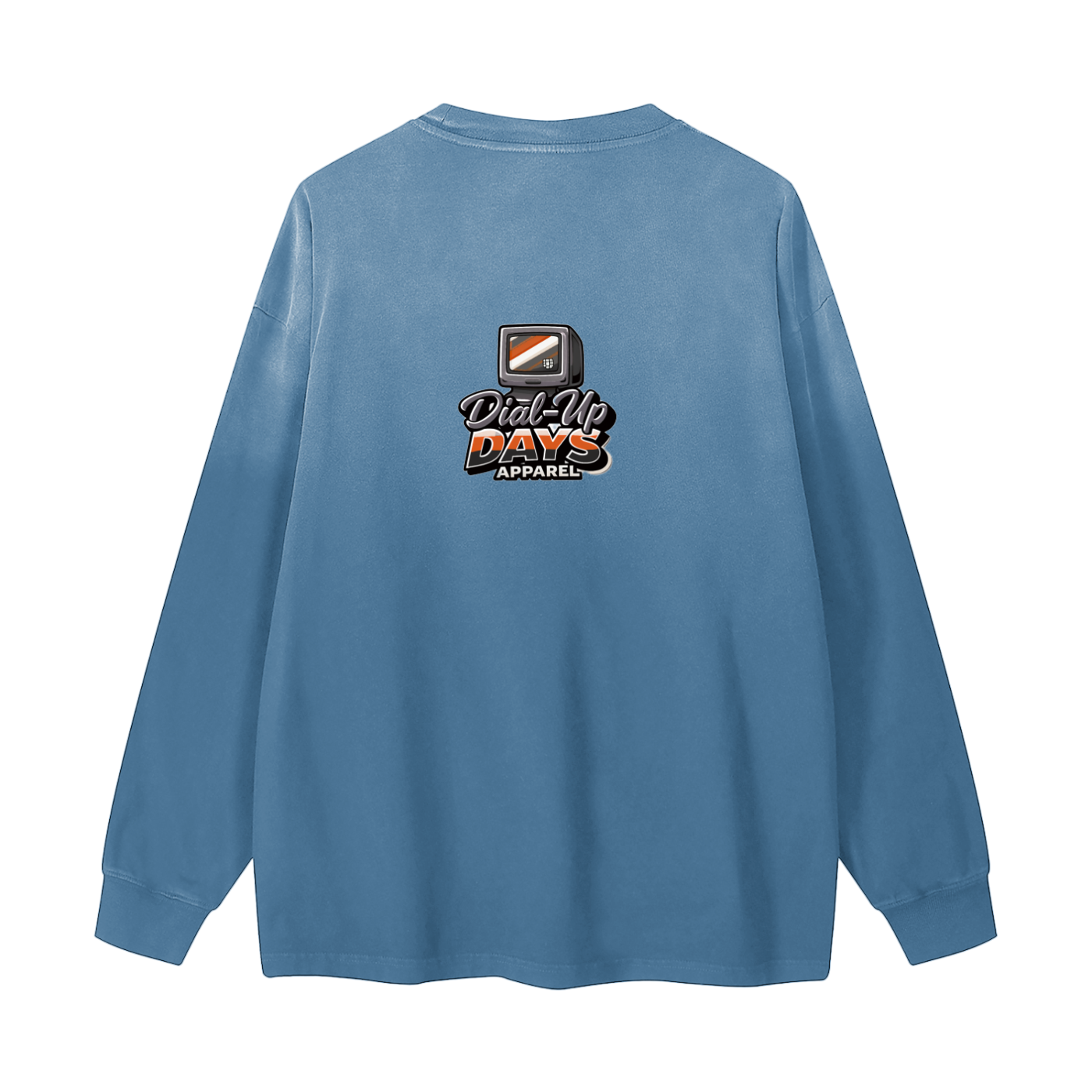 Blue long-sleeve shirt with a logo on the back against a white background