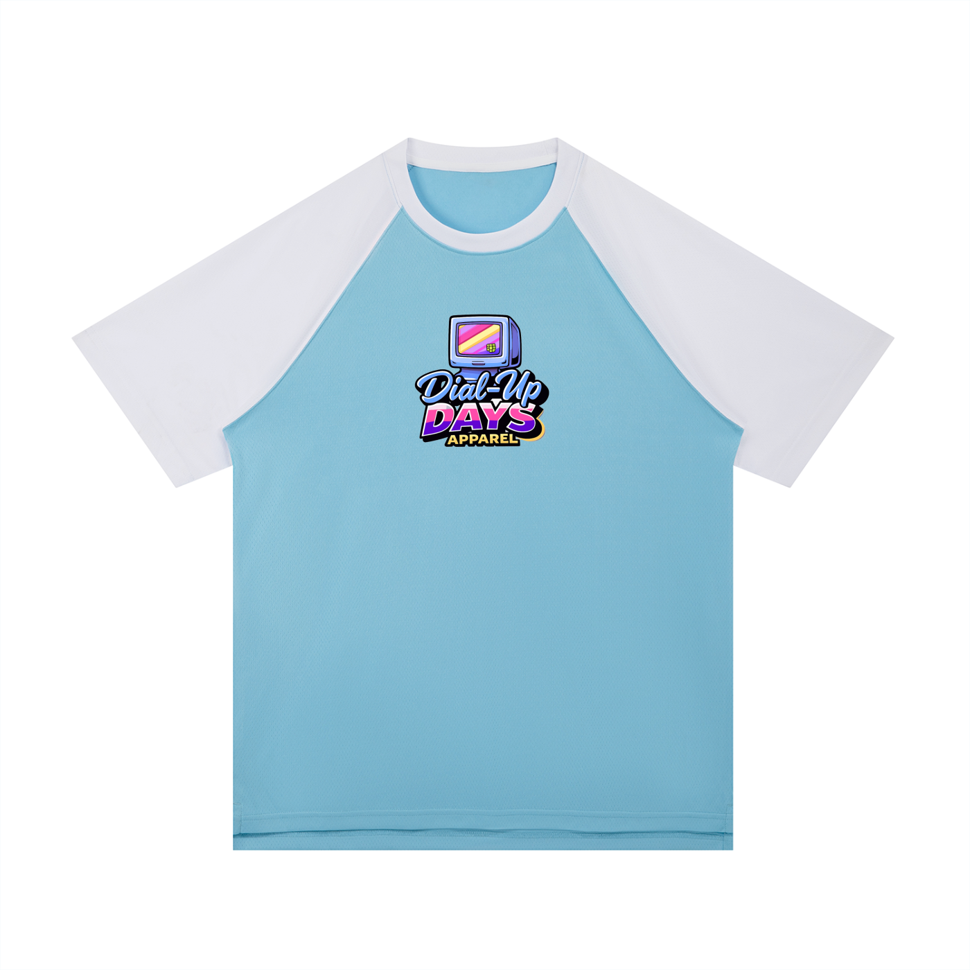 Light blue and white t-shirt with a logo on a white background