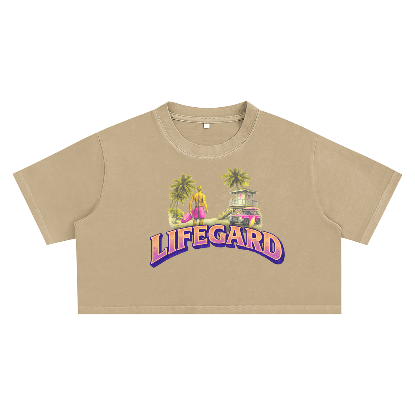 Beige crop top with 'LIFEGARD' graphic design on a white background