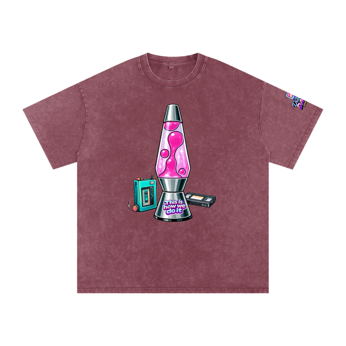 Maroon t-shirt with a graphic of a pink lava lamp and vintage gaming console on a white background
