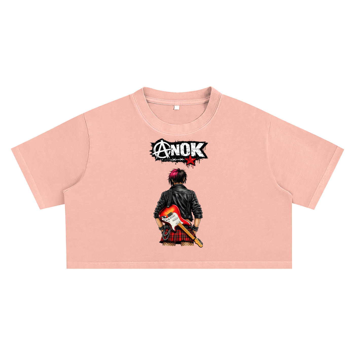 Pink crop top with graphic design and 'ANOK' branding on a white background