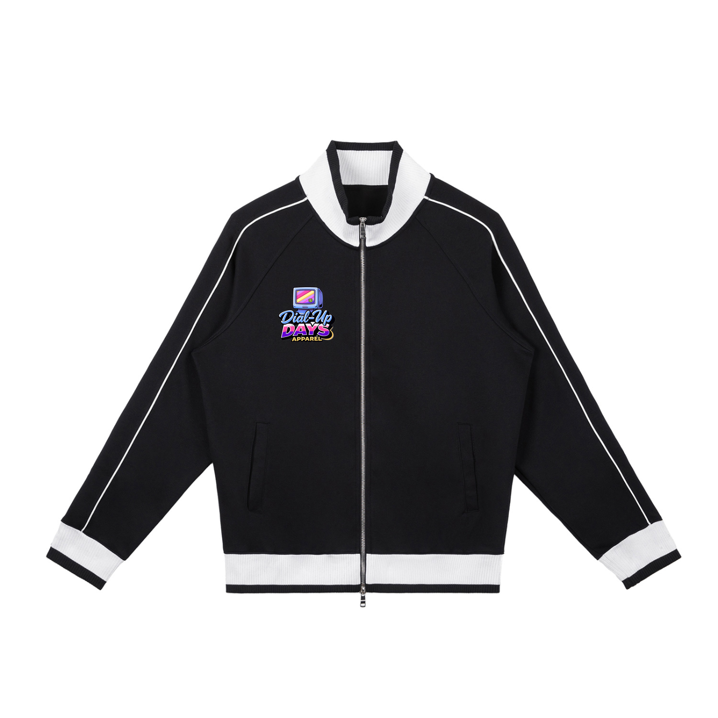 Black jacket with white accents and a logo on a white background