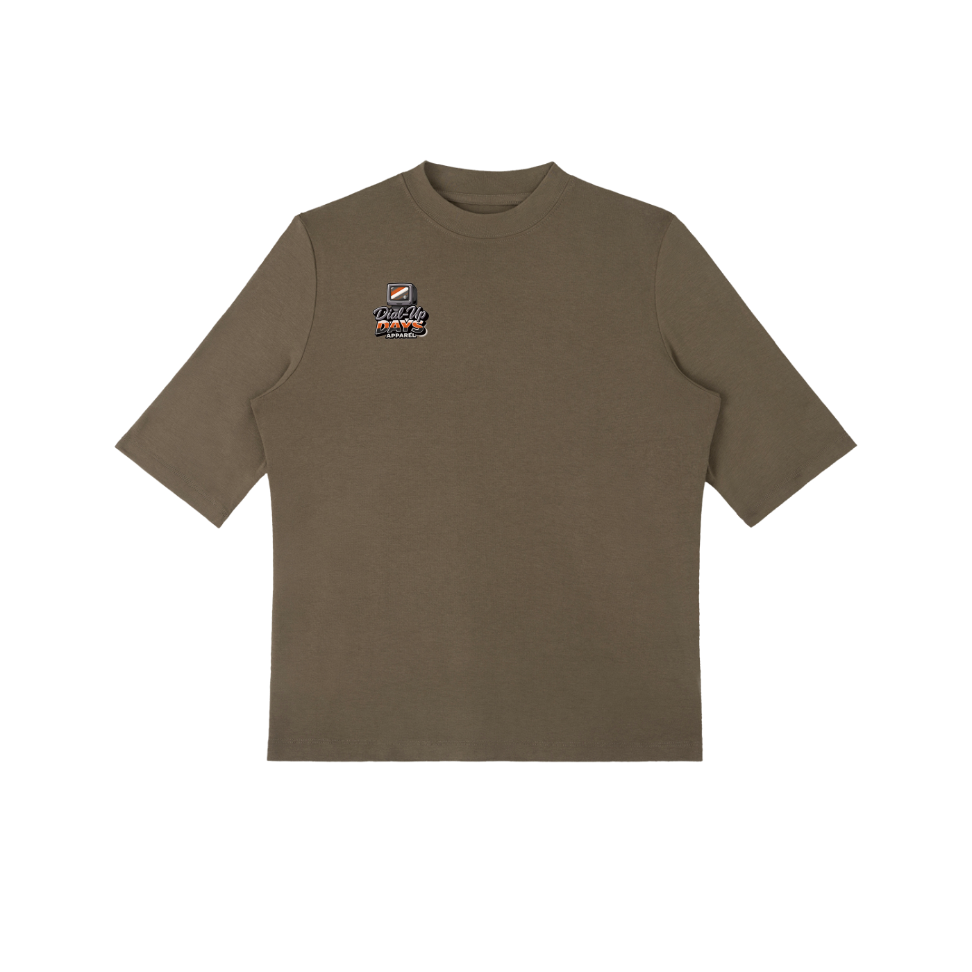 Brown t-shirt with 'AMORE' text on a white background