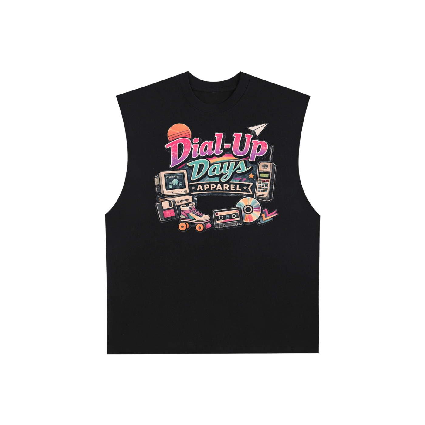 Black sleeveless shirt with 'Dial-Up Days Apparel' graphic on a white background