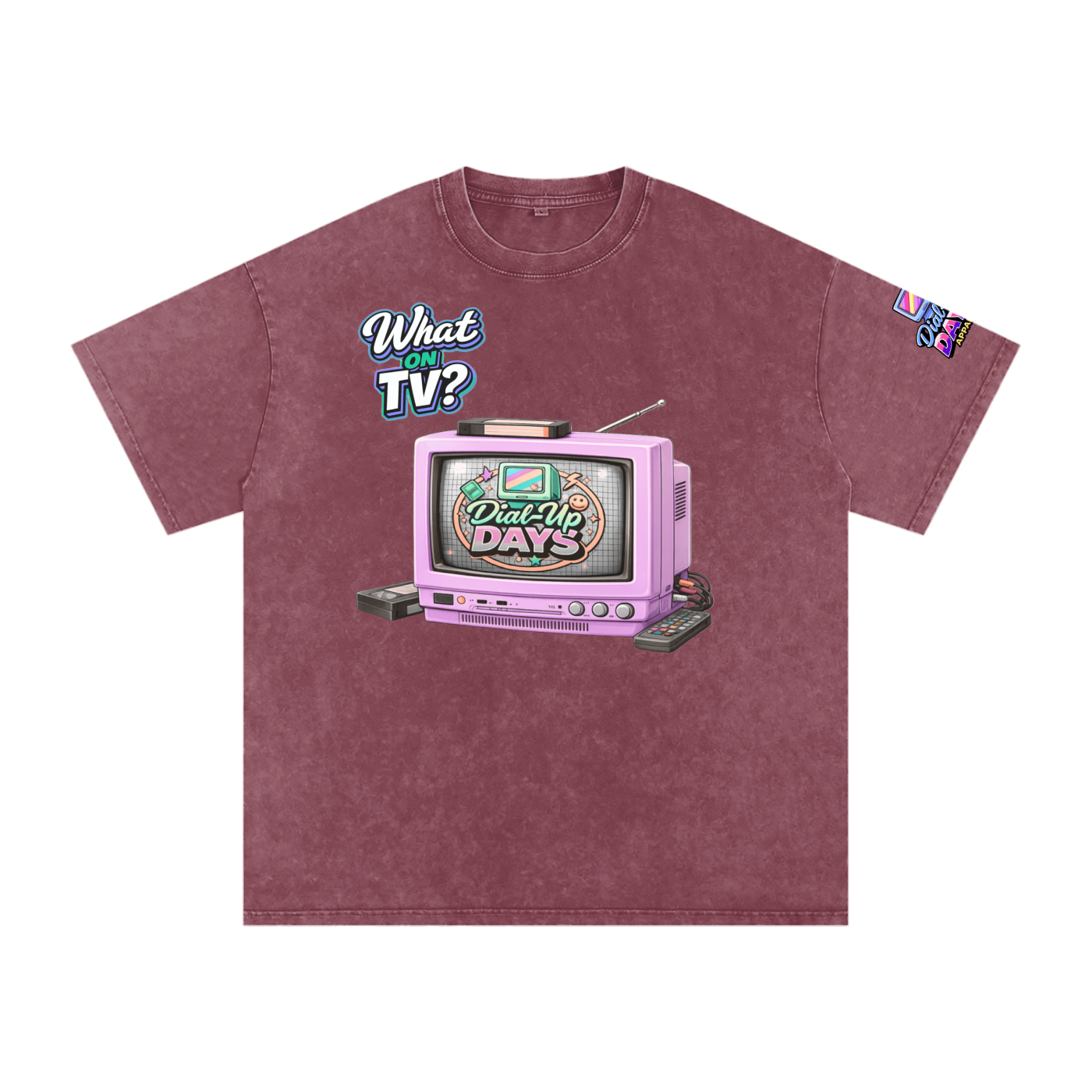 Maroon t-shirt with vintage TV graphic and text on a white background