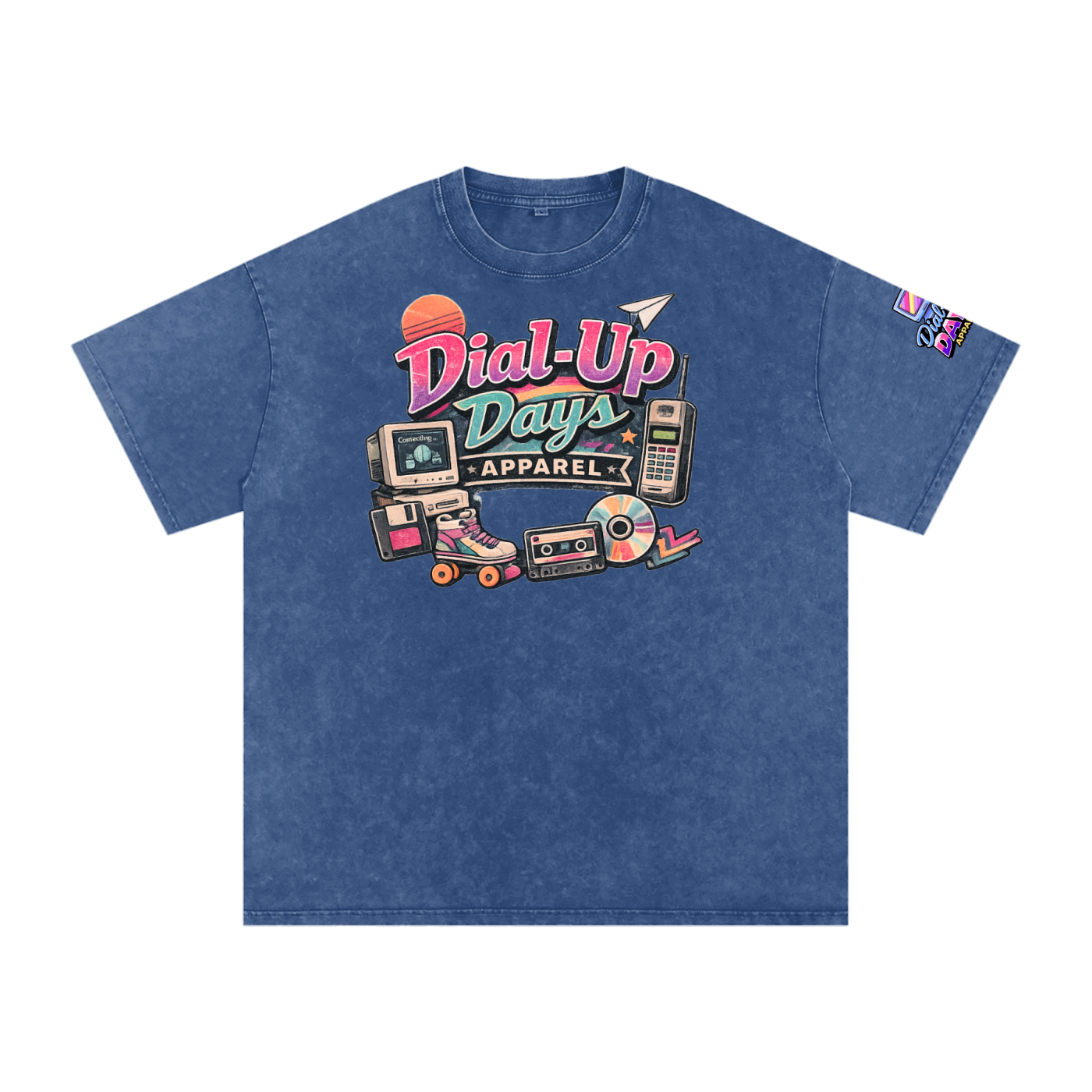 Blue t-shirt with 'Dial-Up Days Apparel' graphic on a white background