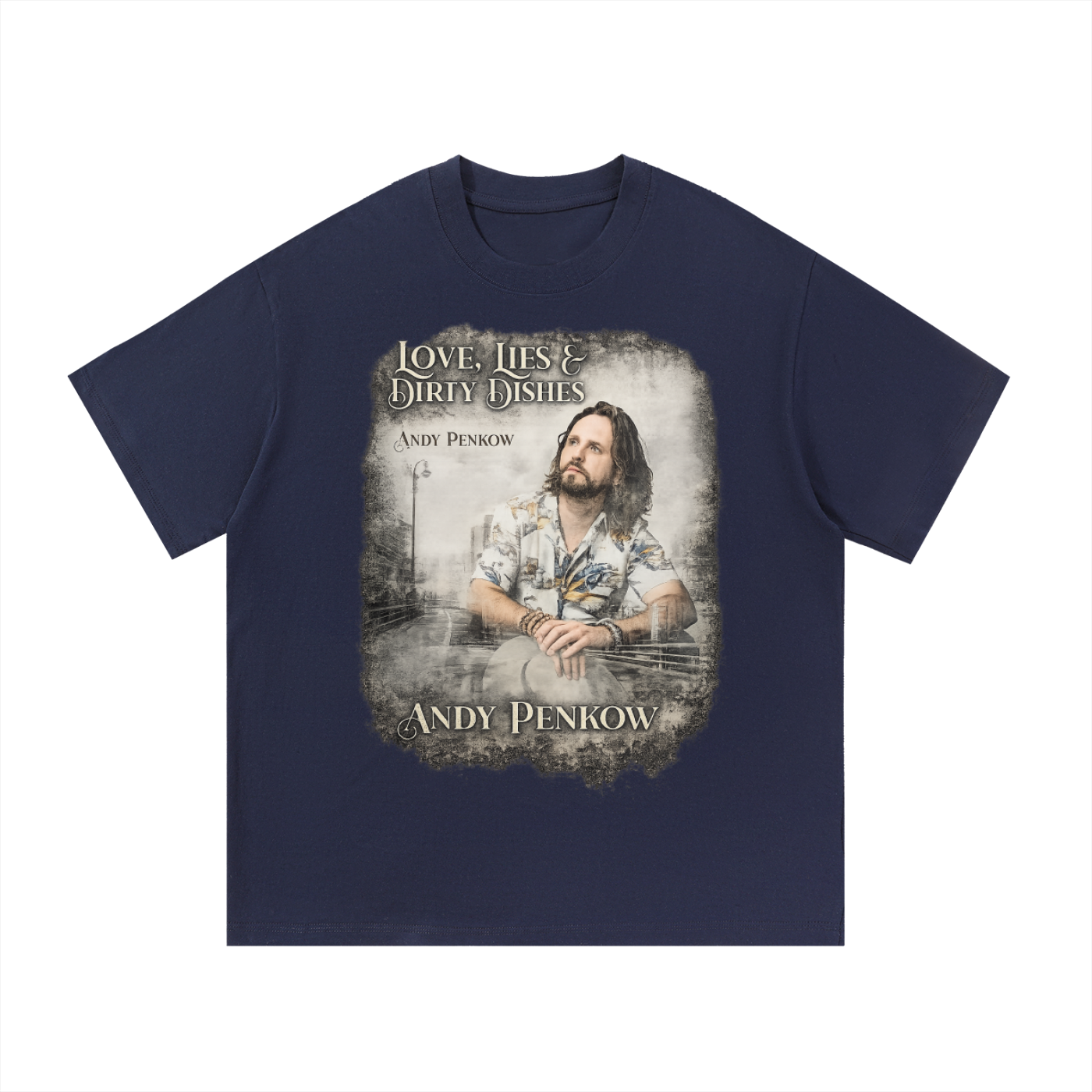 Navy blue t-shirt with graphic design featuring a person and text on a white background