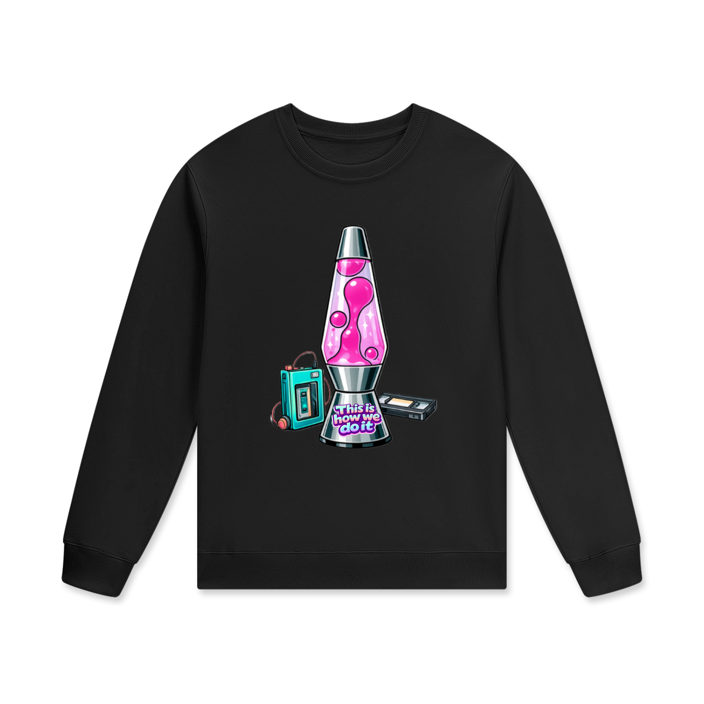 Black sweatshirt with a pink lava lamp graphic on a white background