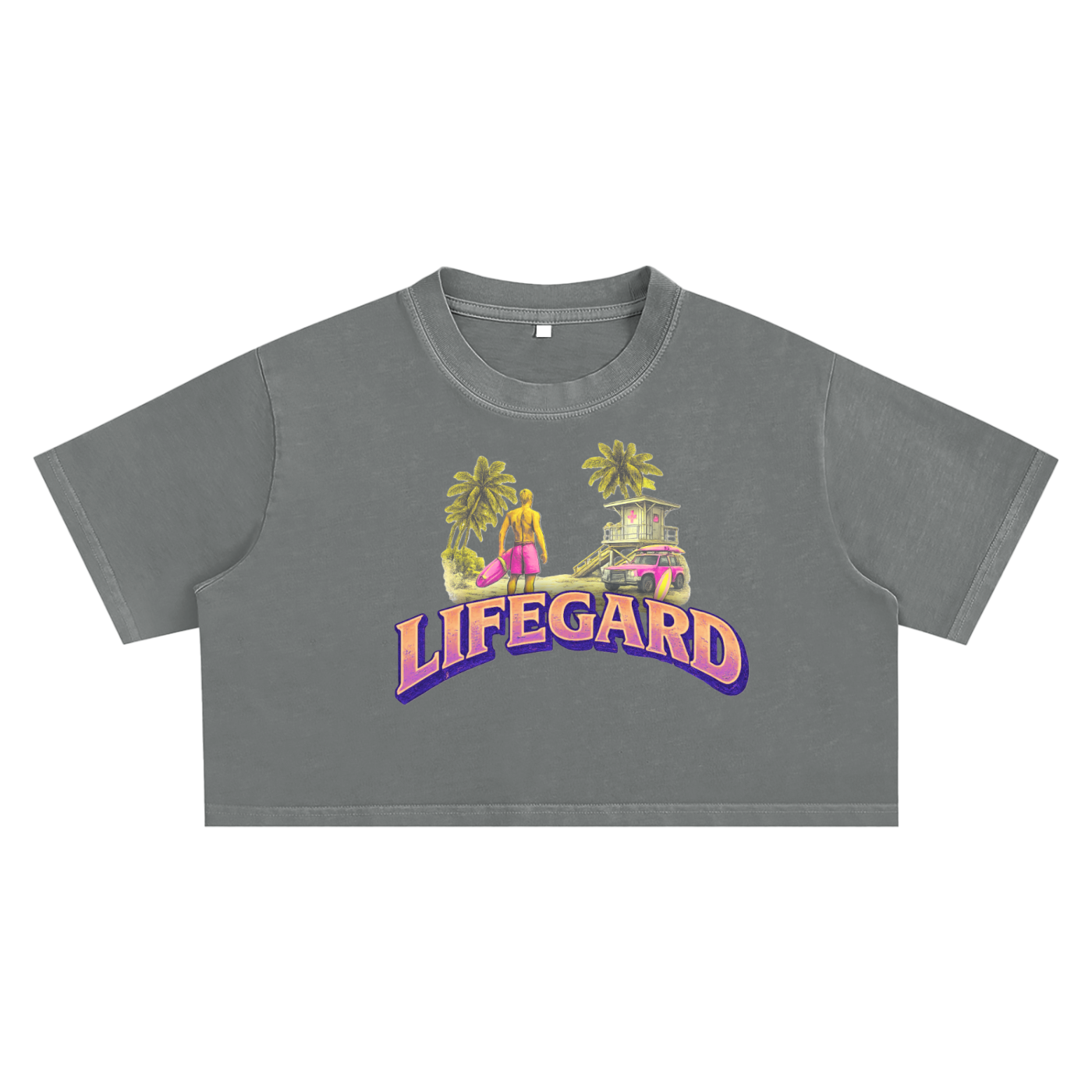 Gray crop top with 'LIFEGARD' graphic design on a white background
