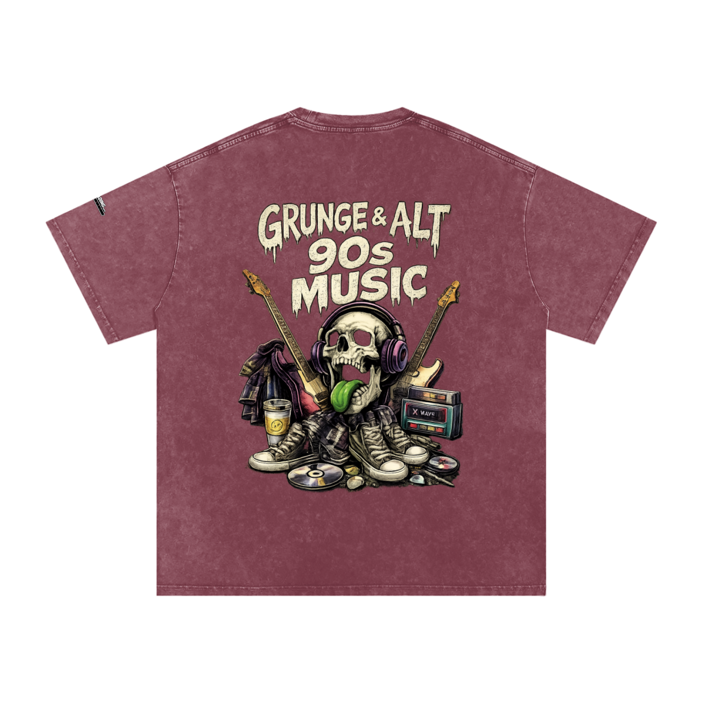 Maroon t-shirt with a graphic design of a skeleton, guitars, and text 'Grunge & Alt 90s Music' on a white background.