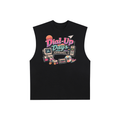 Black sleeveless shirt with 'Dial-Up Days Apparel' graphic on a white background