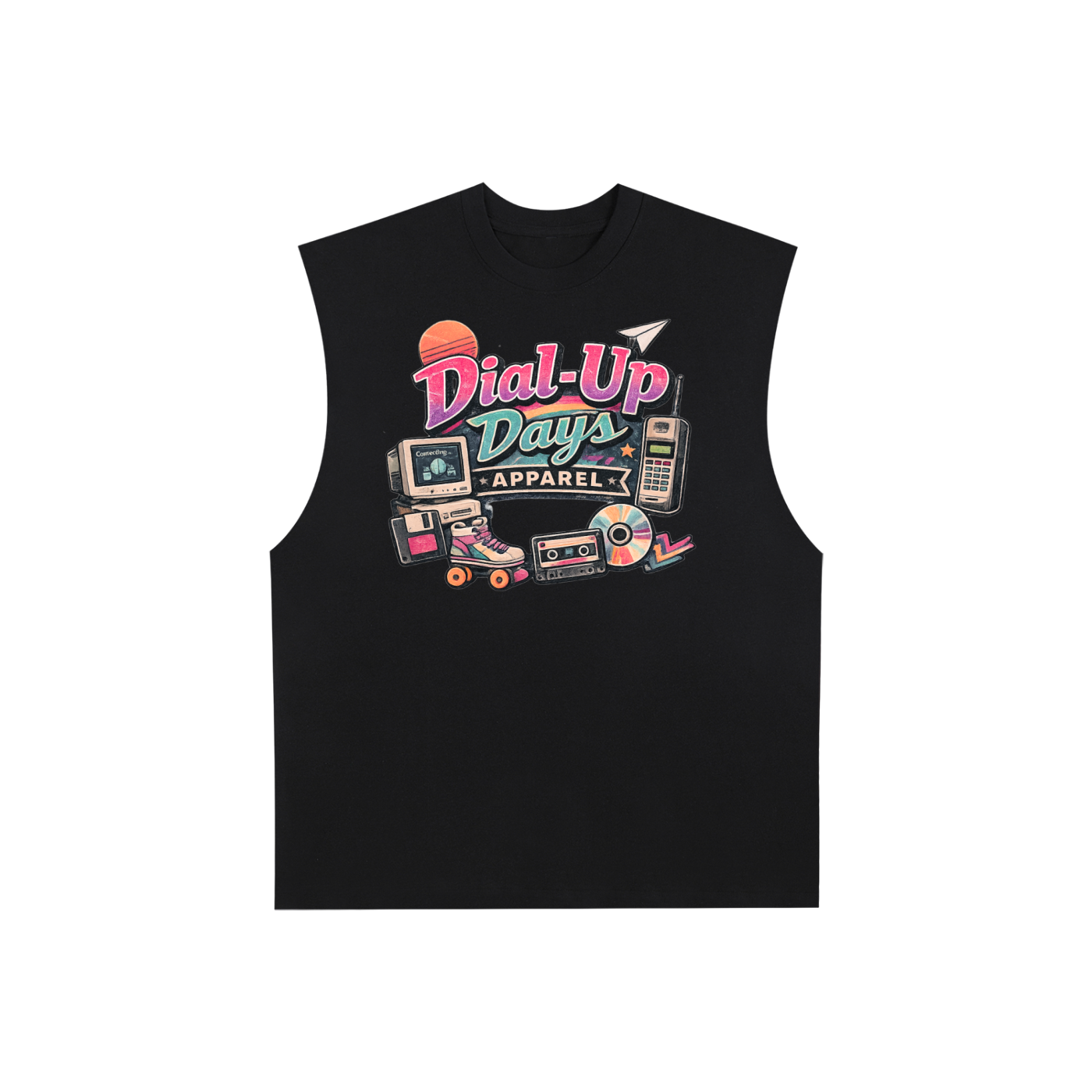 Black sleeveless shirt with 'Dial-Up Days Apparel' graphic on a white background