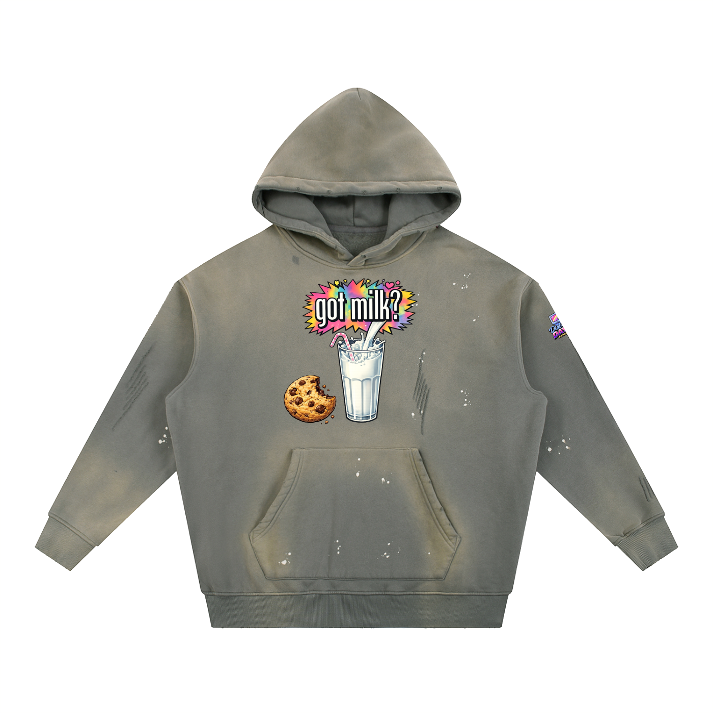 Gray hoodie with 'got milk?' and cookie graphic on a white background