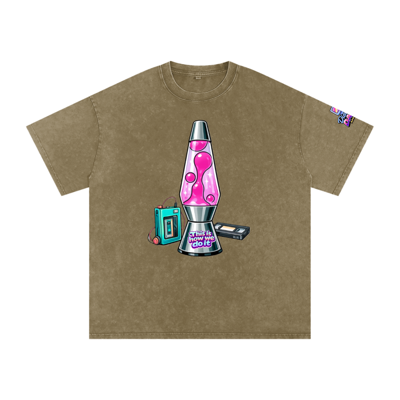 Brown t-shirt with a pink lava lamp and cassette tape graphic on a white background
