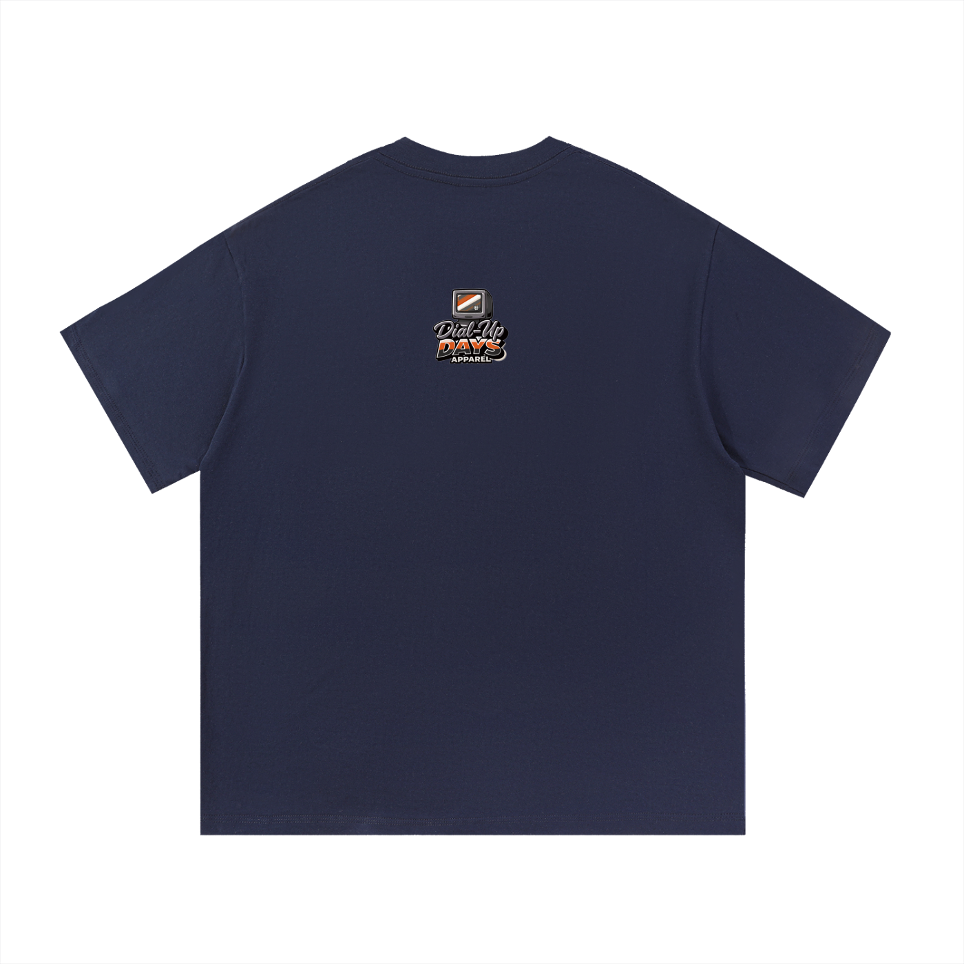 Navy blue t-shirt with white graphic design on a white background
