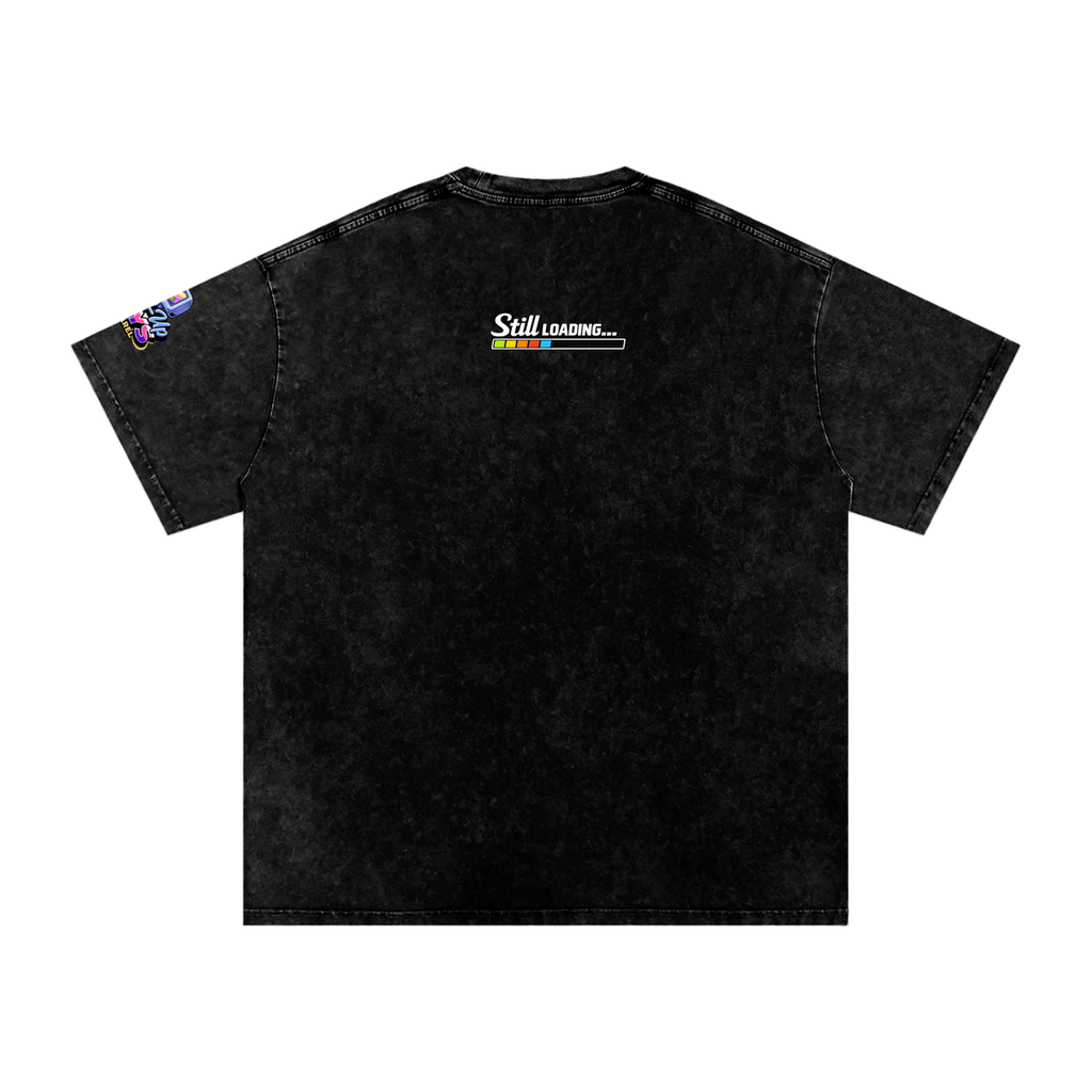 Black t-shirt with text and graphics on a white background