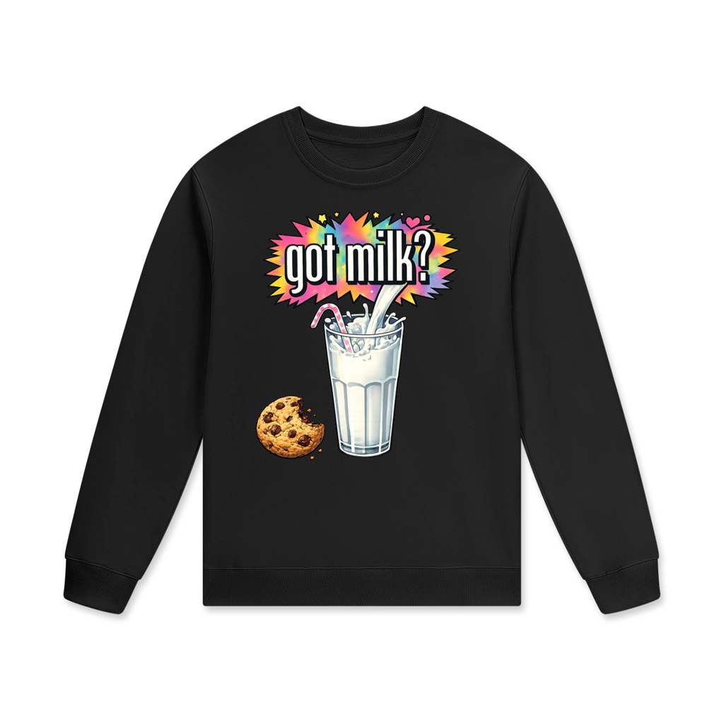 Black sweatshirt with 'got milk?' graphic featuring a glass of milk and cookie on a white background