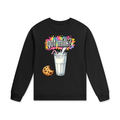 Black sweatshirt with 'got milk?' graphic featuring a glass of milk and cookie on a white background