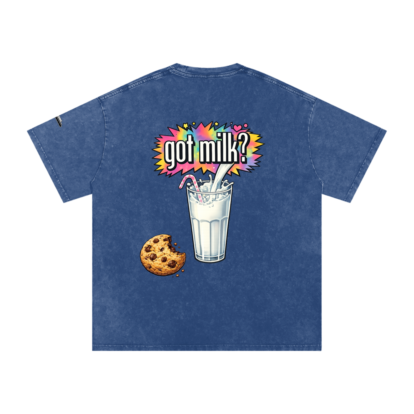 Blue t-shirt with 'got milk?' graphic and cookie on a white background