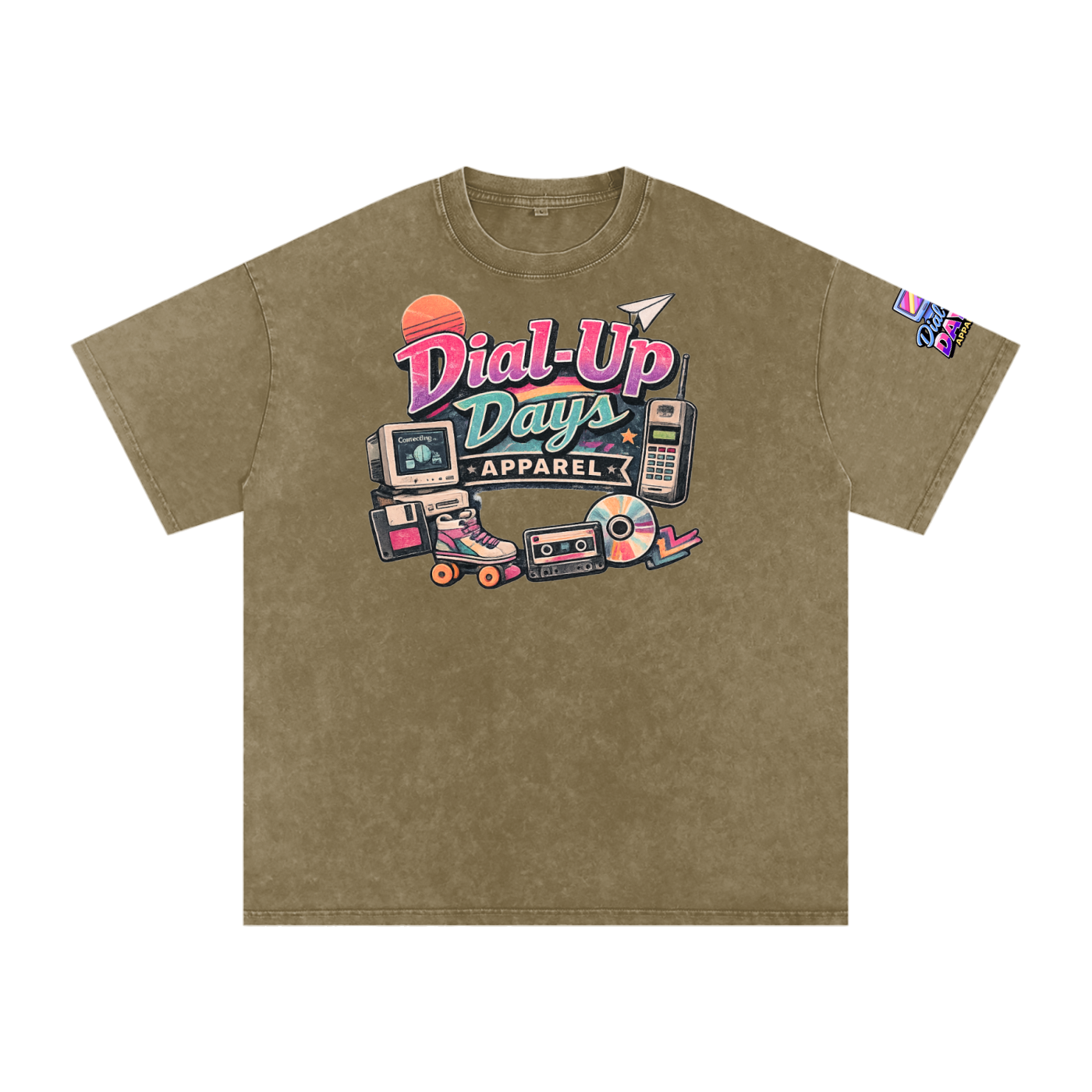 Brown t-shirt with 'Dial-Up Days Apparel' graphic on a white background