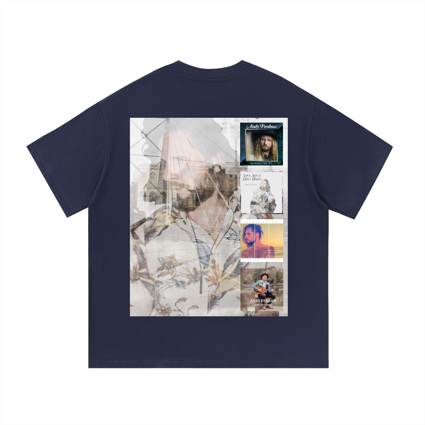 Navy blue t-shirt with a collage of images on the back, featuring a person and abstract designs.