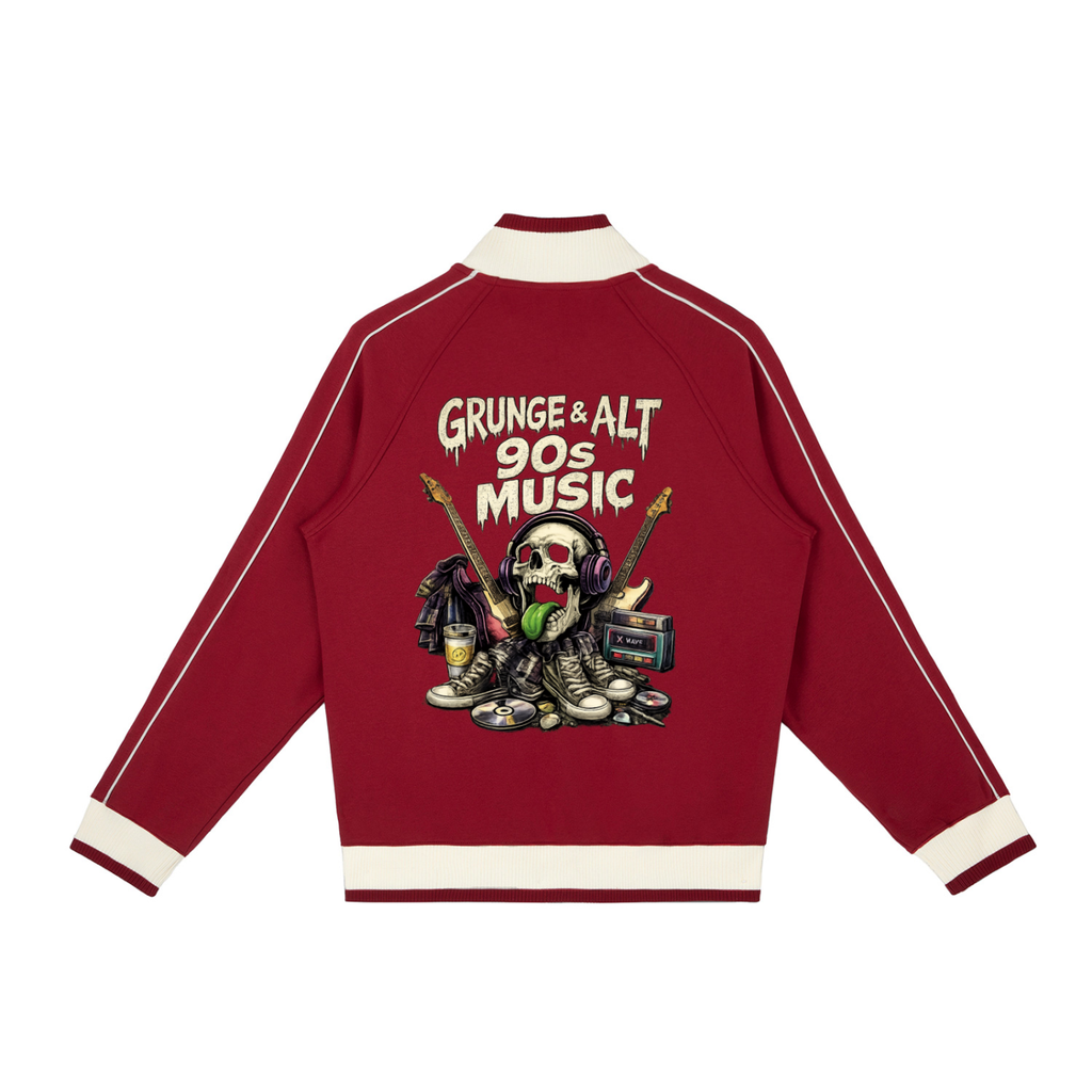 Red jacket with graphic design and text on a white background