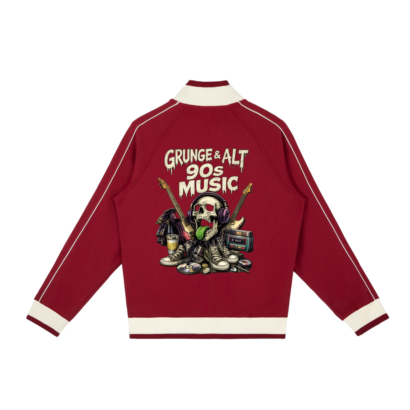 Red jacket with graphic design and text on a white background