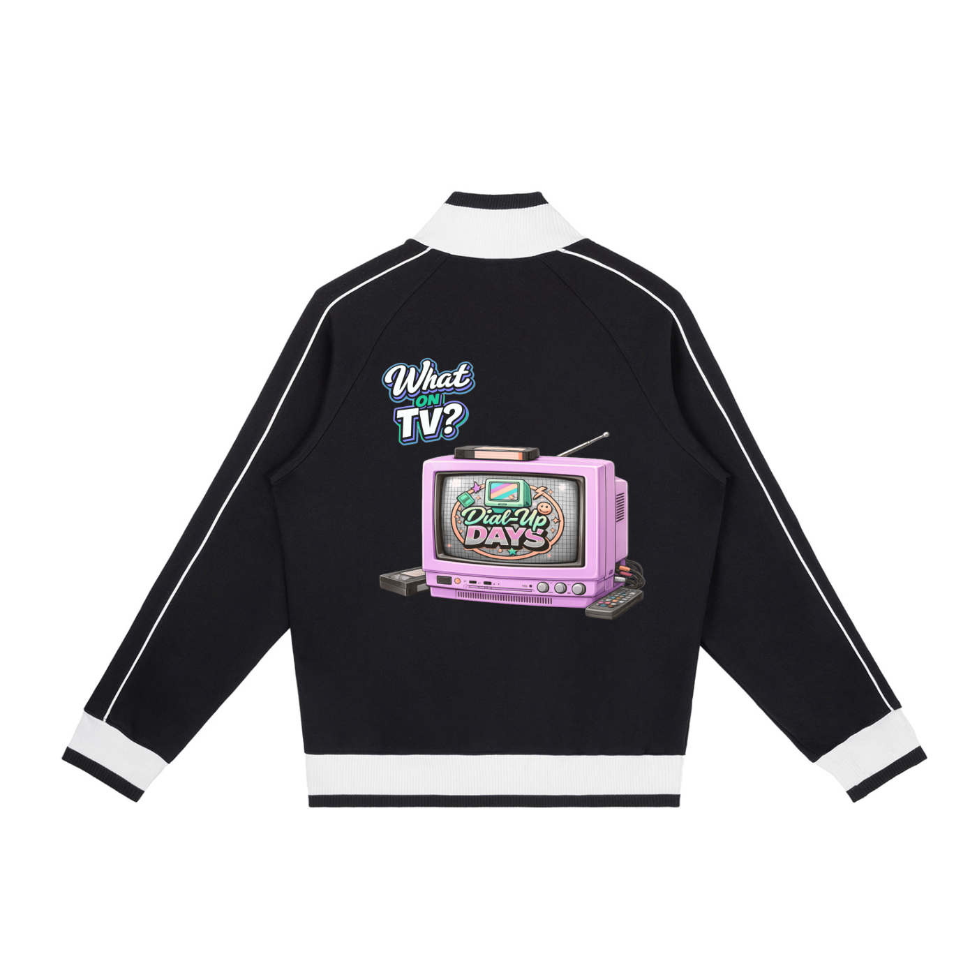 Black jacket with a retro TV graphic and text on the back against a white background