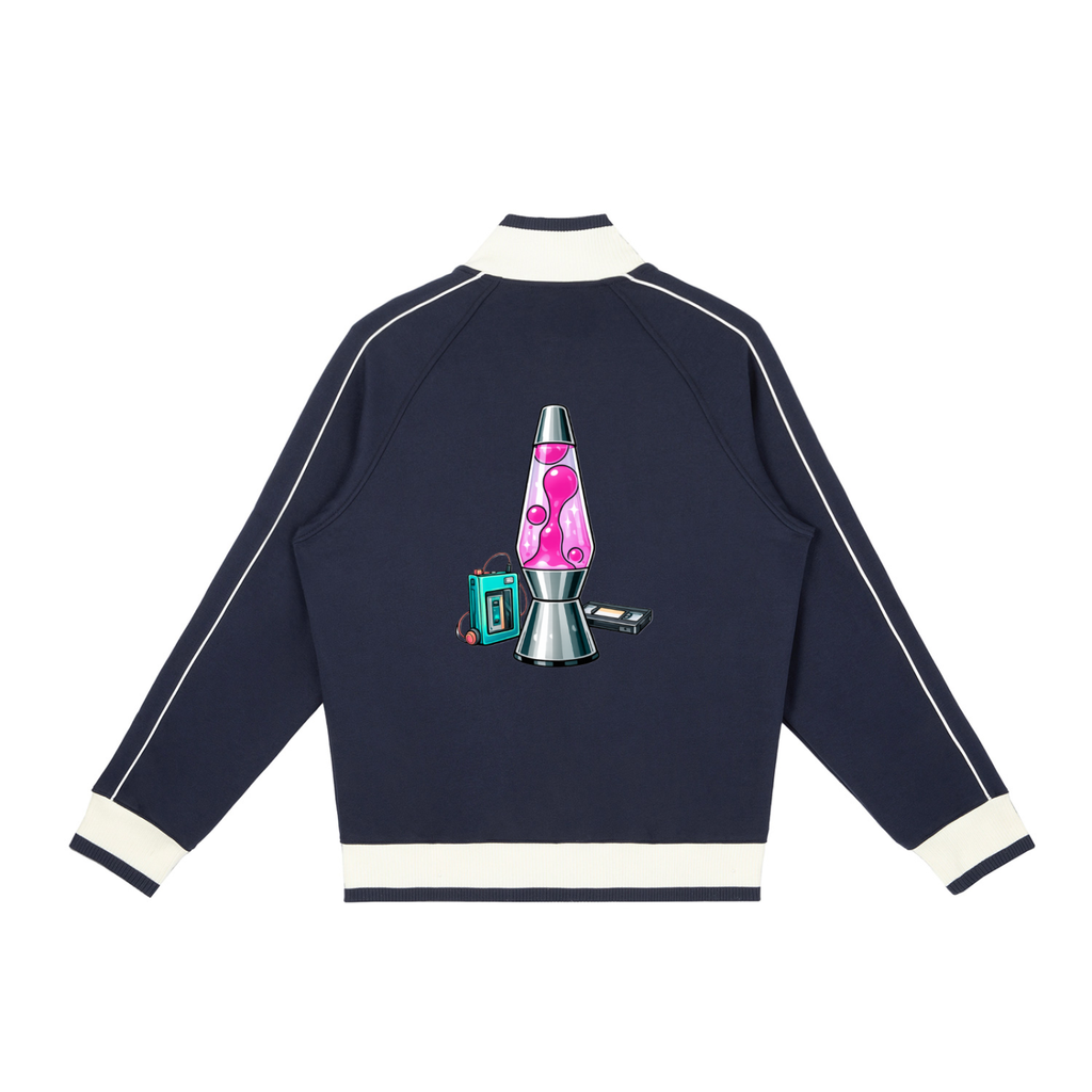 Navy blue sweatshirt with a pink lava lamp design on the back, on a white background