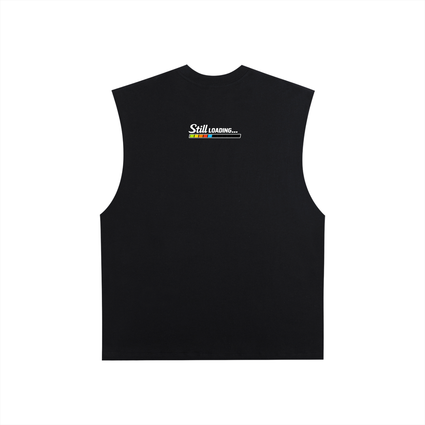 Black sleeveless shirt with 'Still Loading' text on a white background