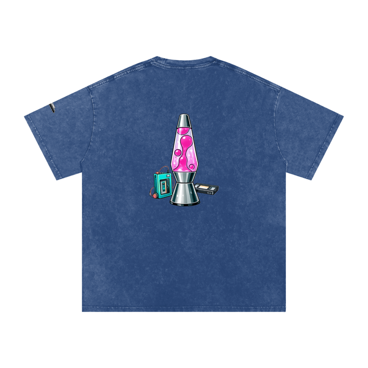 Blue t-shirt with a lava lamp graphic on the back against a white background