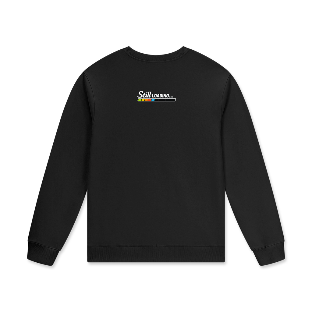 Black sweatshirt with 'Still Loading' graphic on a white background