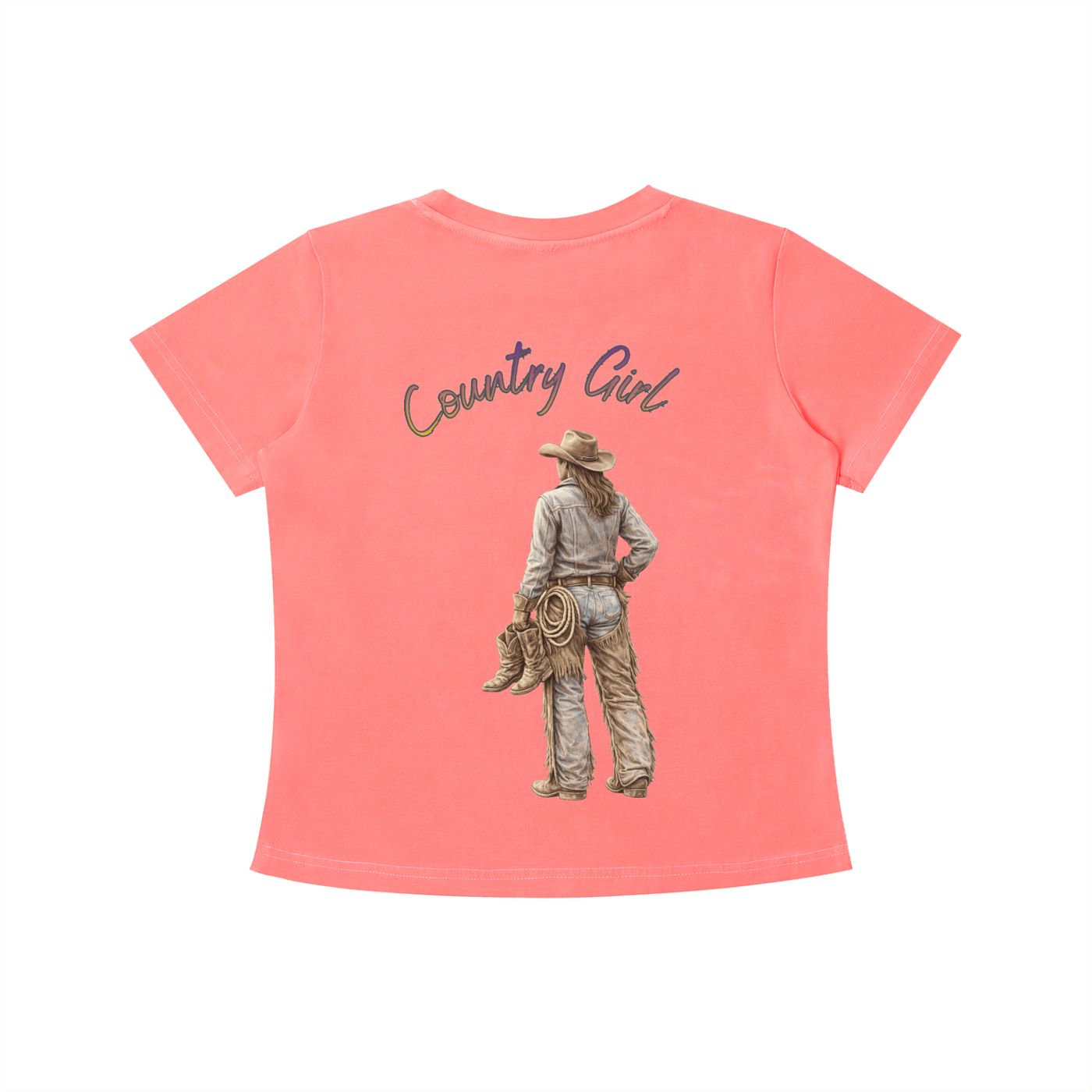 Coral t-shirt with 'Country Girl' graphic on a white background