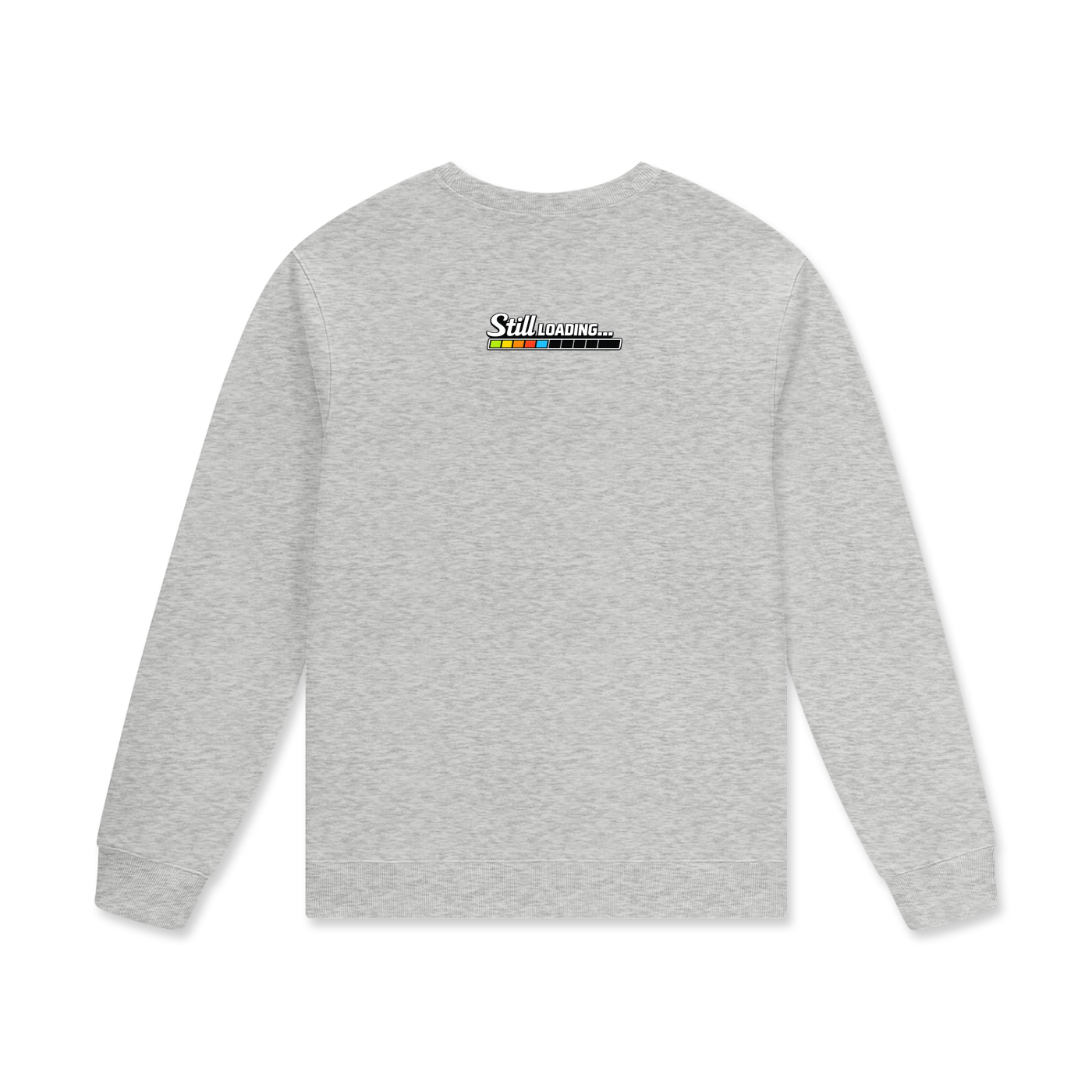 Gray long-sleeve shirt with a logo on the back against a white background