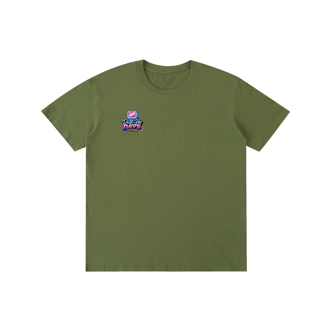 Green t-shirt with a small logo on the chest against a white background