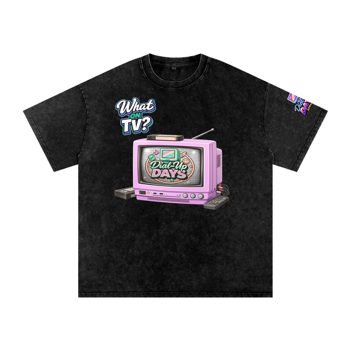 Black t-shirt with a graphic of a vintage TV and text on a white background