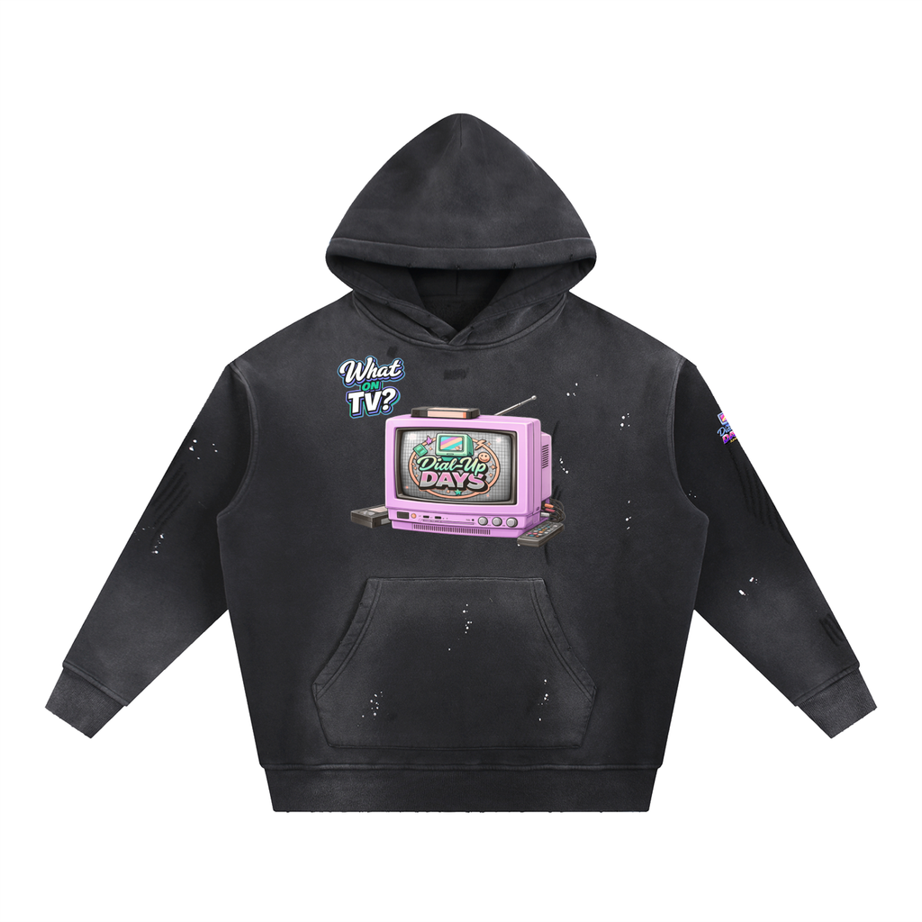 Black hoodie with a graphic of a TV and text on a white background