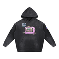 Black hoodie with a graphic of a TV and text on a white background