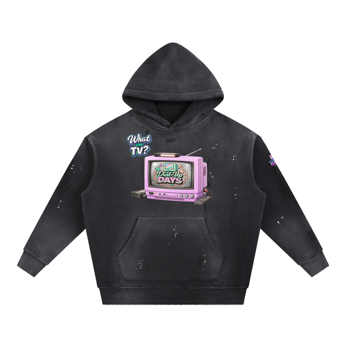 Black hoodie with a graphic of a TV and text on a white background