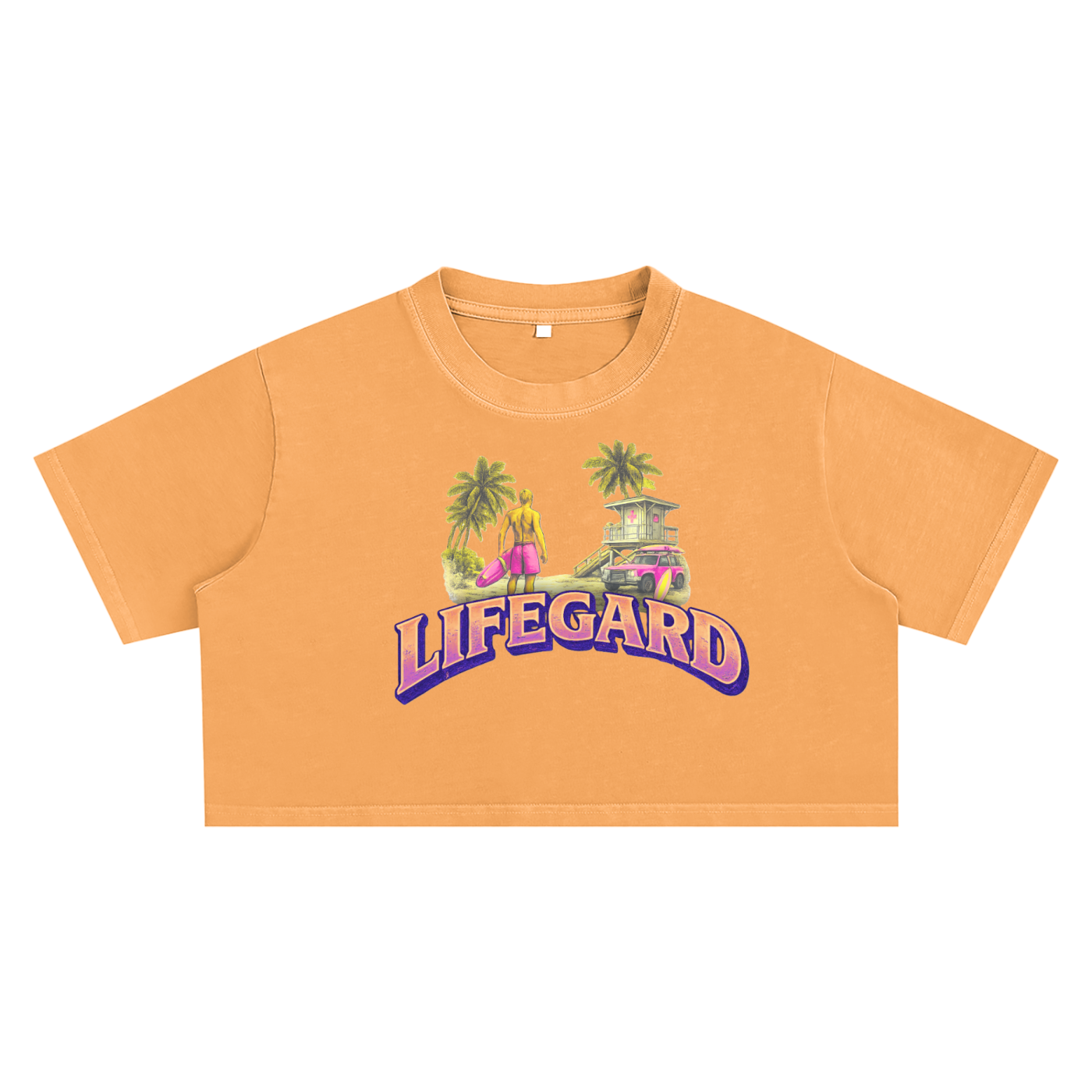 Orange crop top with 'LIFEGARD' graphic design on a white background