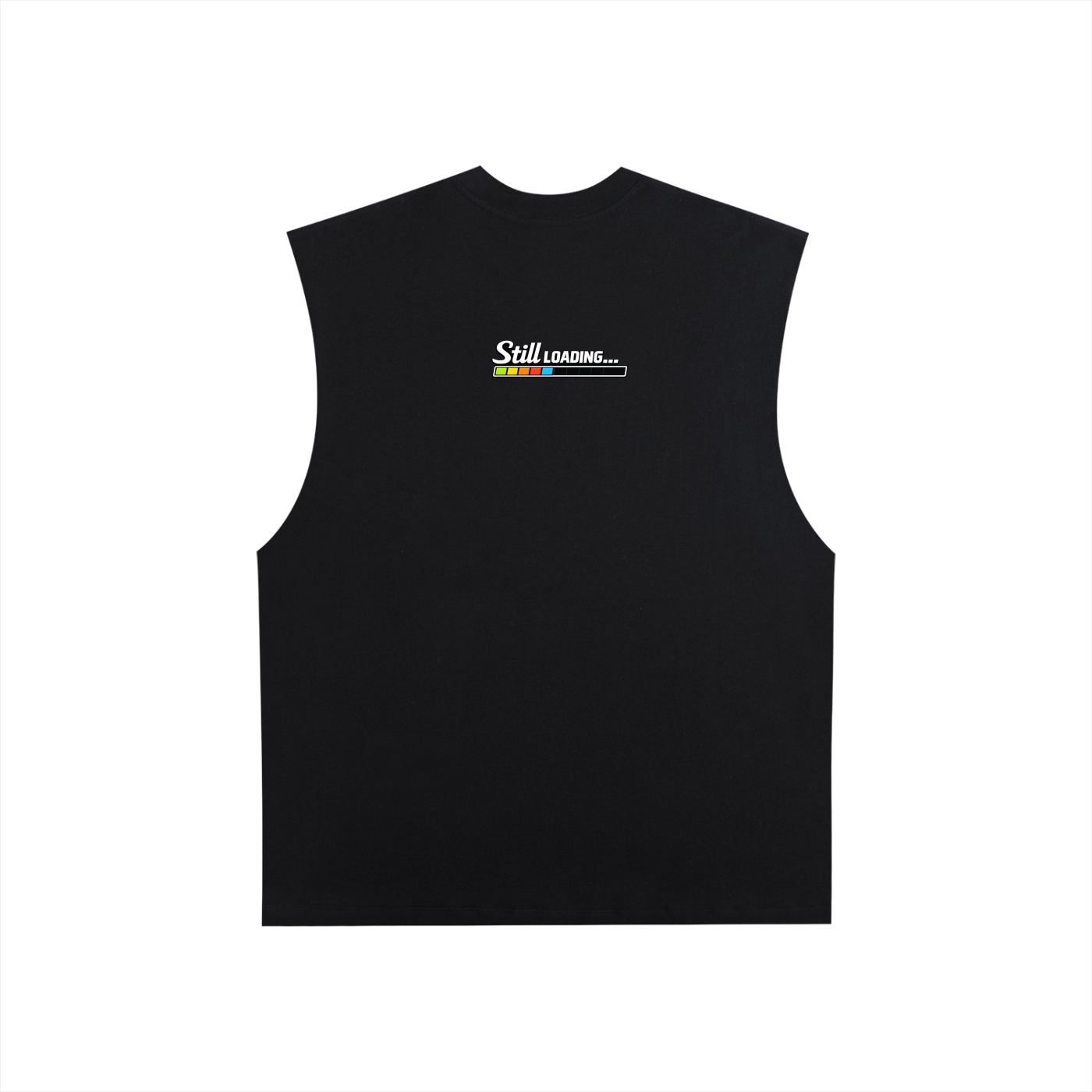 Black sleeveless shirt with 'Still Loading...' graphic on a white background