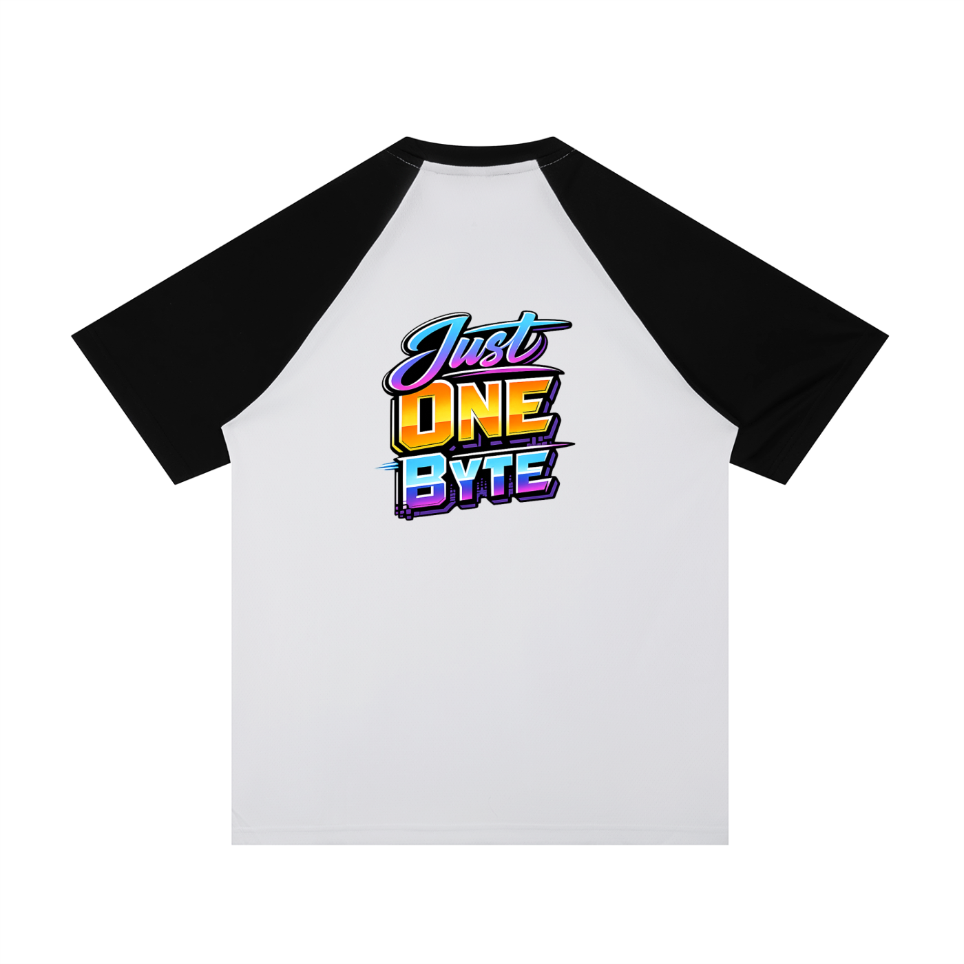White baseball shirt with black sleeves featuring 'Just One Byte' text design on a white background