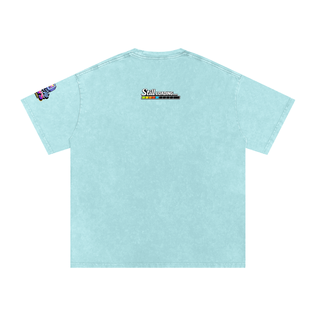 Light blue t-shirt with colorful graphics on a white background