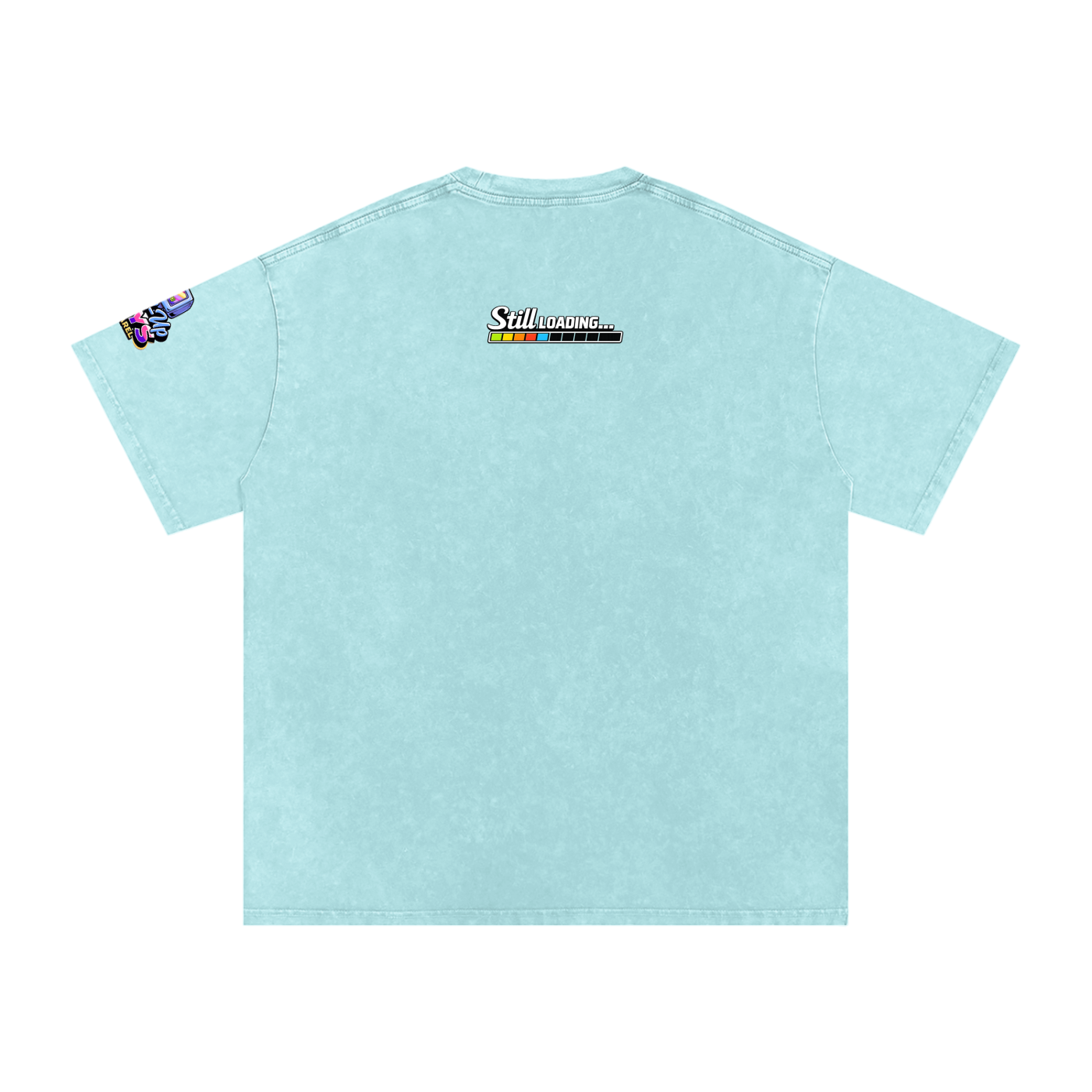 Light blue t-shirt with colorful graphics on a white background