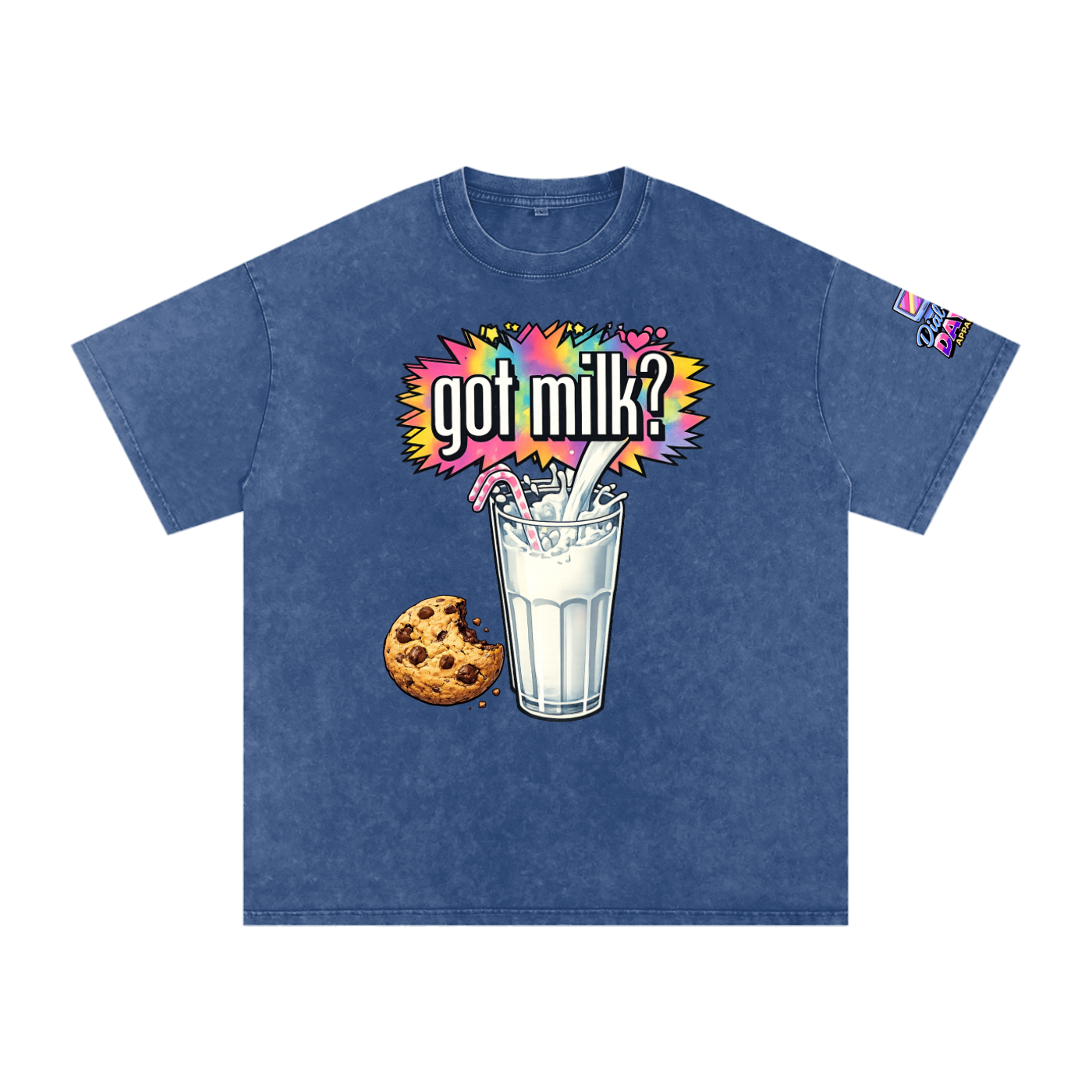 Blue t-shirt with 'got milk?' graphic featuring a glass of milk and cookie on a white background