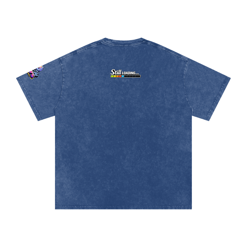 Blue t-shirt with 'Still Loading...' graphic on the back against a white background