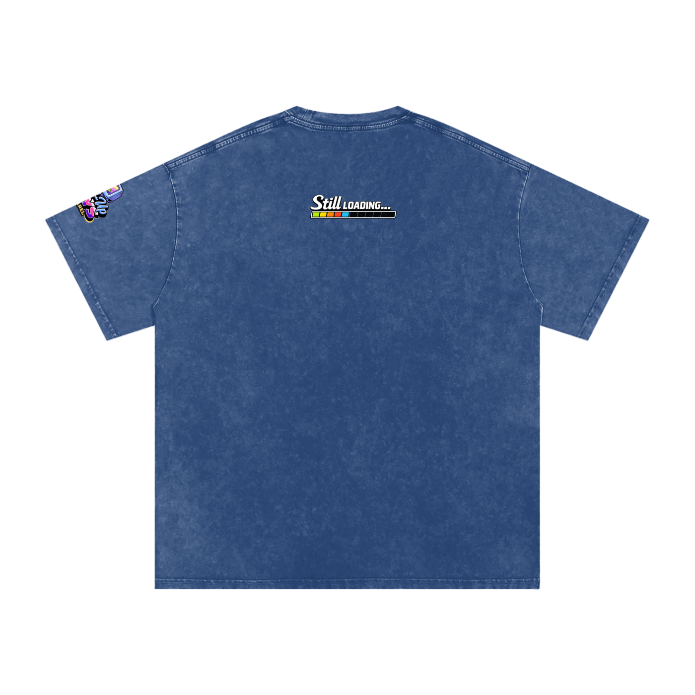 Blue t-shirt with 'Still Loading...' graphic on the back against a white background
