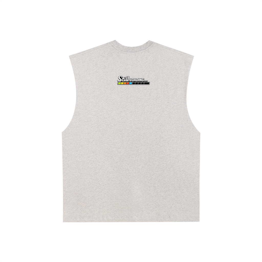 Gray sleeveless shirt with a logo on the back against a white background