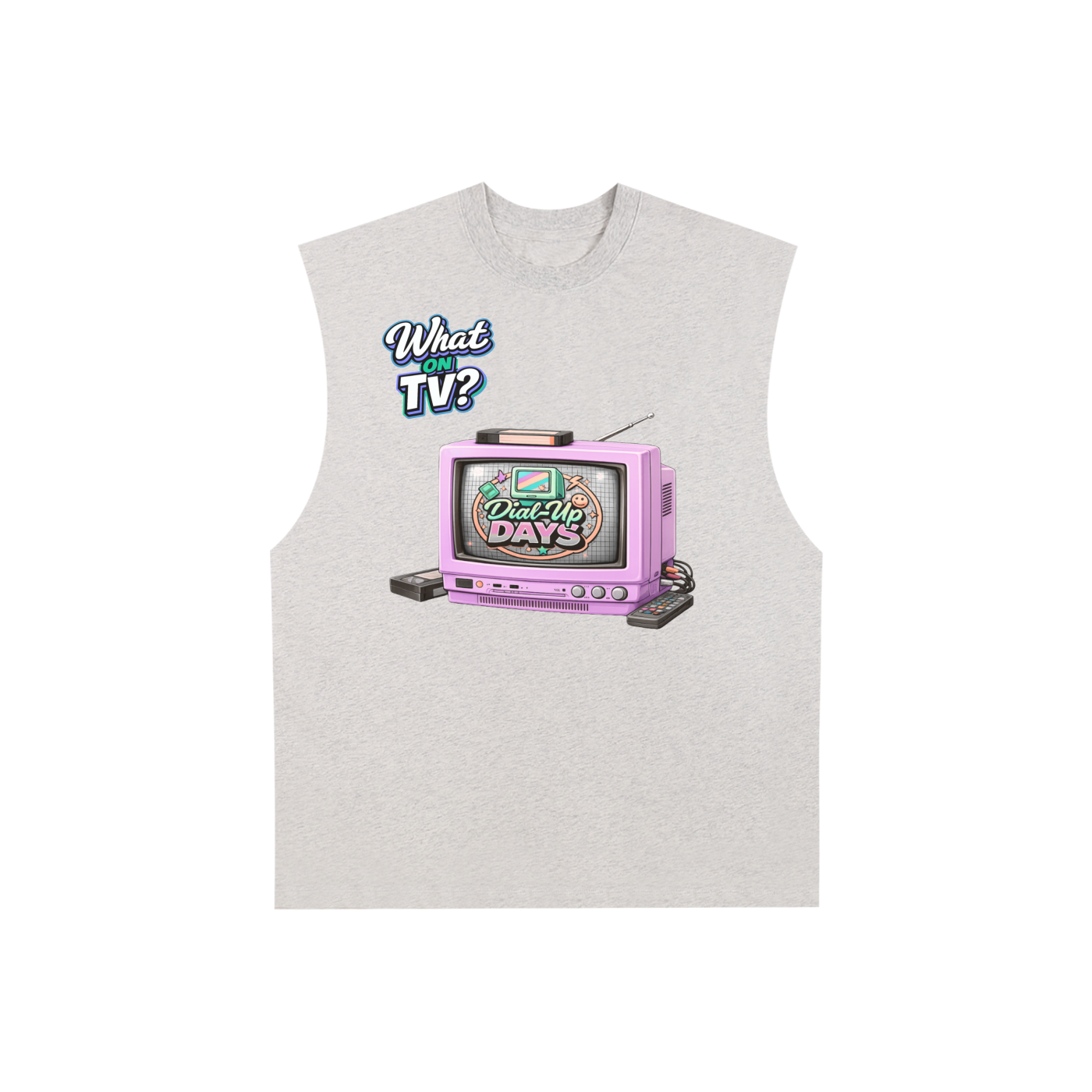 Gray sleeveless shirt with a graphic of a vintage TV and text on a white background